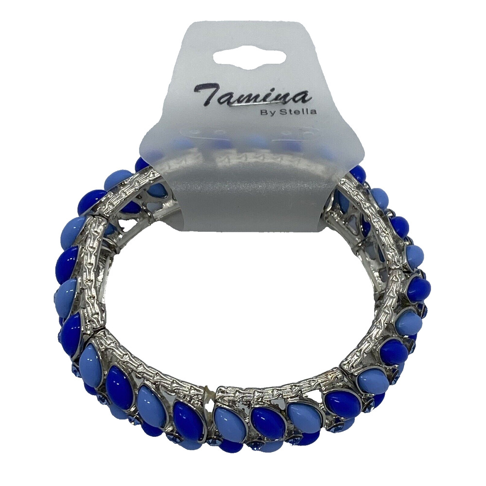 Tamina by Stella French Blue/Cobalt Blue Beaded 3" Stretch Bracelet Silver Band - Picture 2 of 10